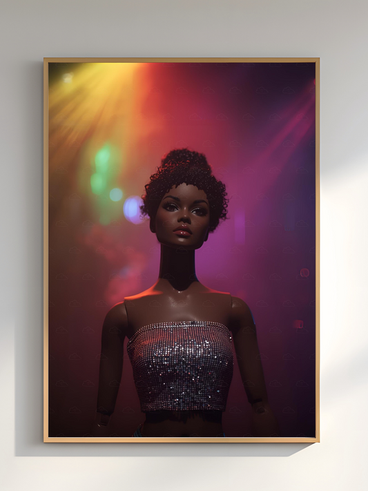 Framed artwork of a woman in a sequined dress with a colorful background on a wall.